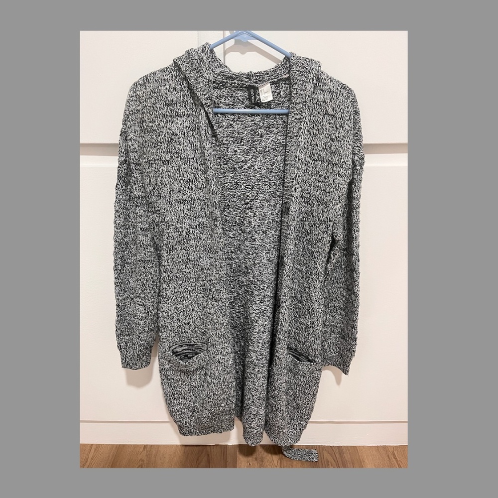 H&M Long Tie Belt Cardigan with Hood - Grey/Black - Size Small